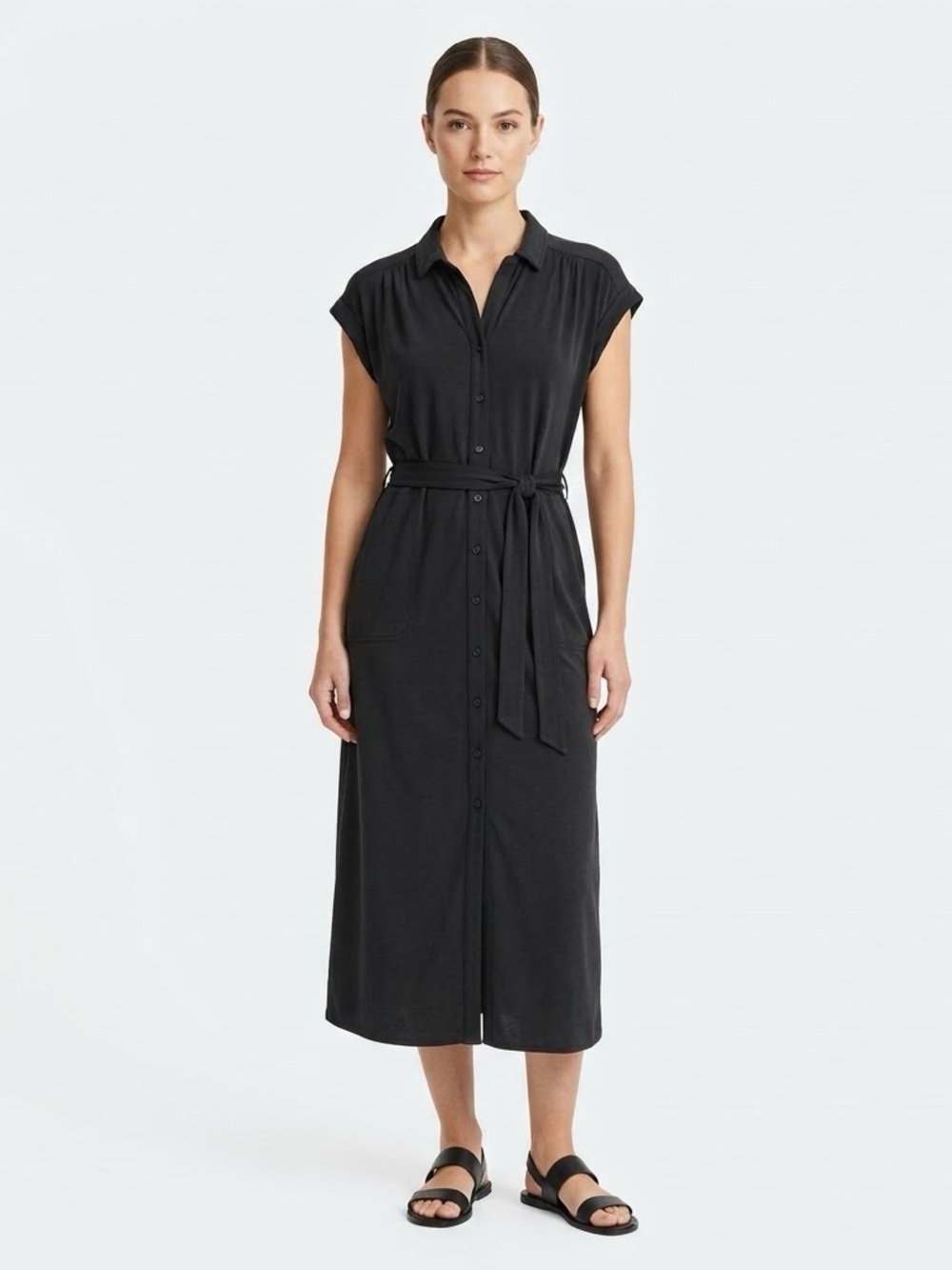 Lou & Grey Women's S Olive Green Shirt Dress Belted Button Front Midi Pocket